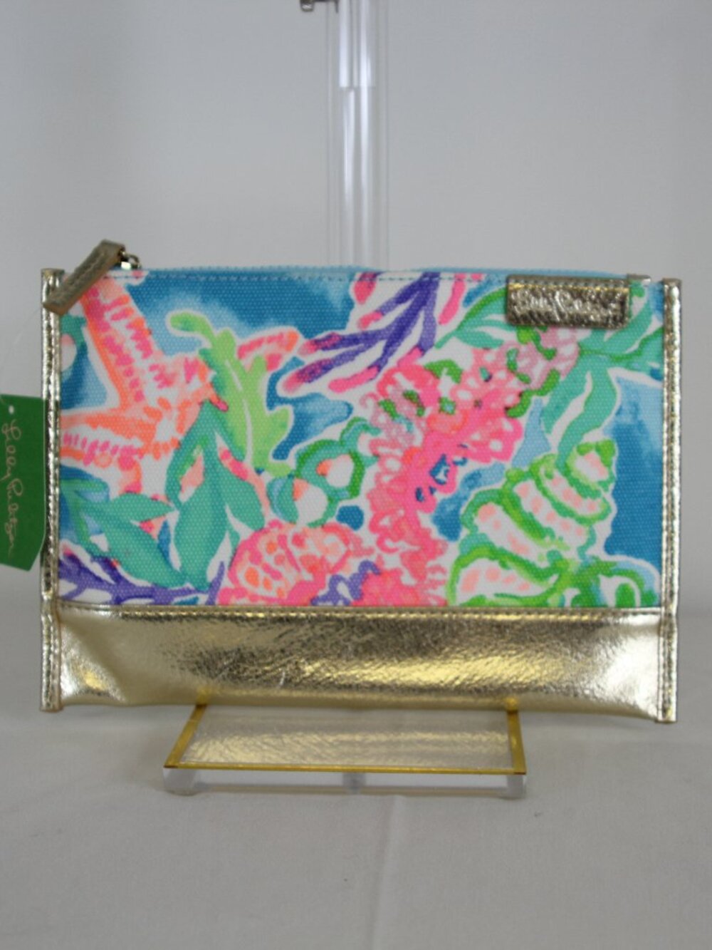 Lilly Pulitzer Gypset Pouch Blue Ibiza NWT Gold Metallic Zip Clutch